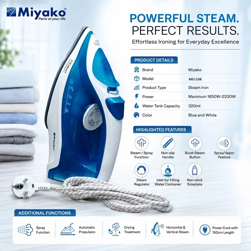 Miyako MEI-538 Steam Iron – Powerful 2200W Non-Stick Iron