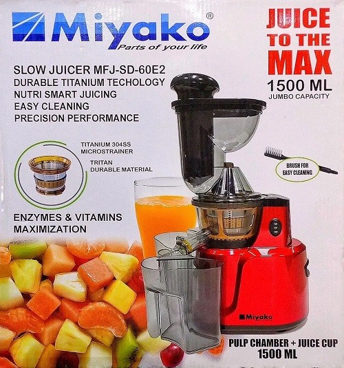 Miyako MFJ-SD-60E2 Slow Juicer 1500ML with Titanium 304 SS microstrainer. 150W powerful motor, easy to clean, preserves maximum enzymes & vitamins. Perfect for healthy juices at home