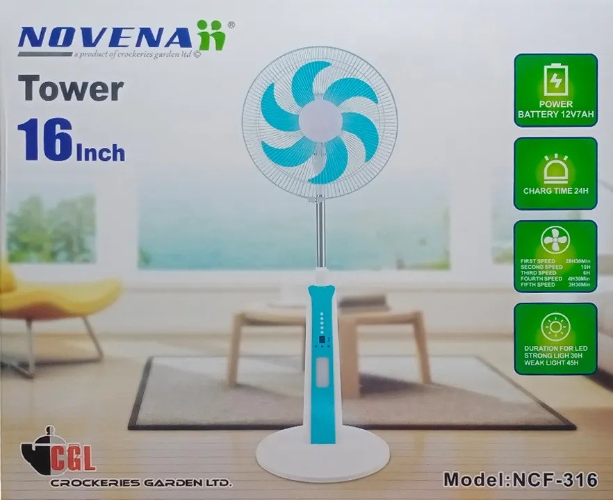 Novena 16 Inch Rechargeable Remote Control Stand Fan NCF-316 | AC/DC 5 Speed Fan with LED Light