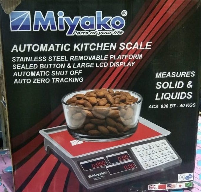Miyako Automatic Kitchen Scale ACS 836-BT with 40KG capacity, large backlit LCD display, stainless steel platform, rechargeable battery, and price computing function. Perfect for measuring solid and l