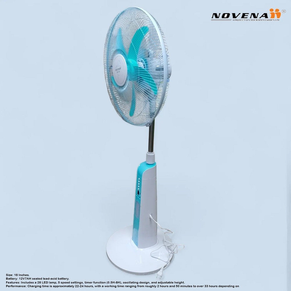 Novena 18-inch Rechargeable Tower Fan (NCF-318) with 5-speed settings, 28 LED lamp, adjustable height, oscillating design, timer function, and long-lasting battery for up to 33 hours of cooling comfor