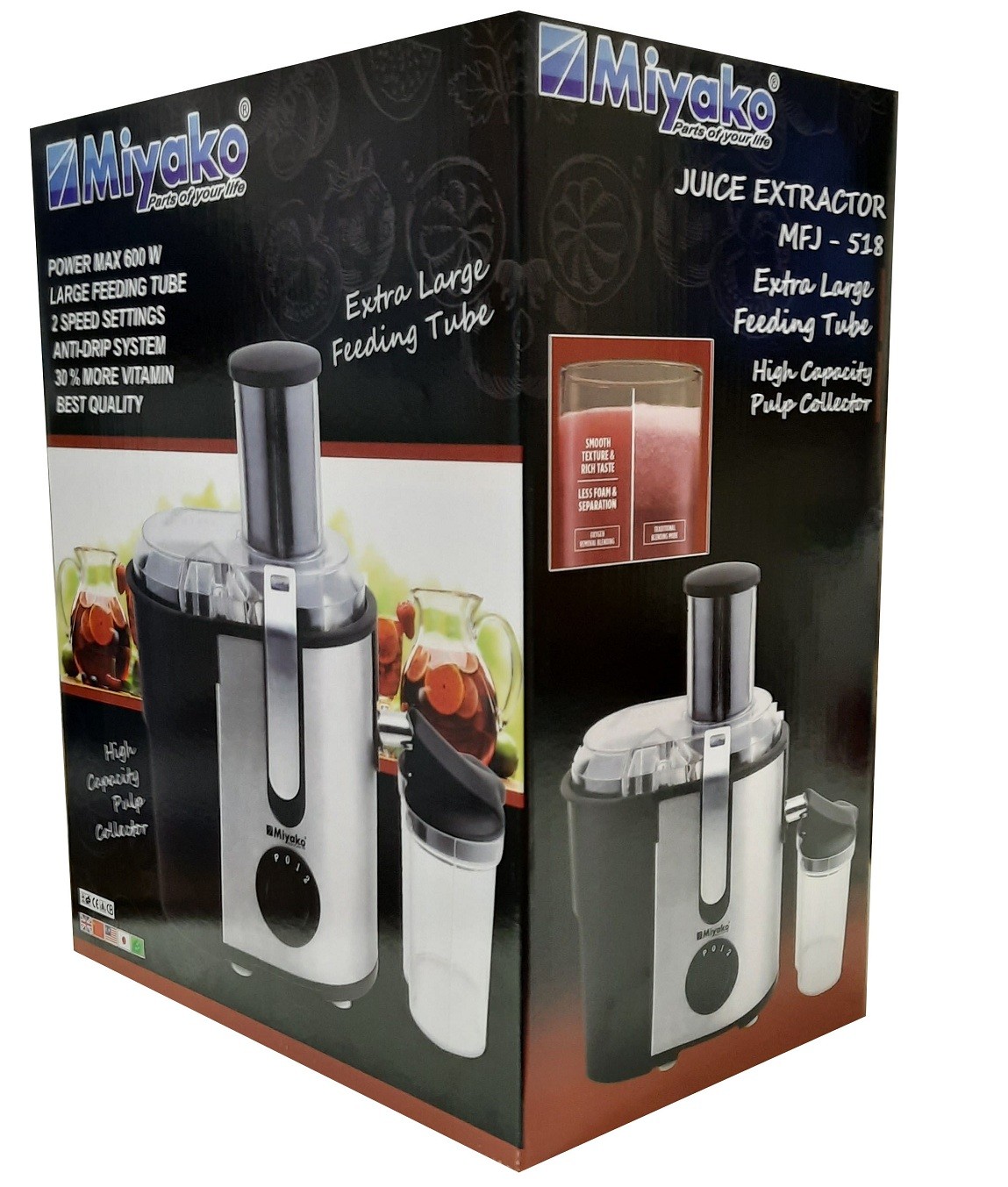 Miyako MFJ-518 Stainless Steel Body-Extra Large Feeding Tube, Fruits & Vegetables Juice Extractor, 600Watts.