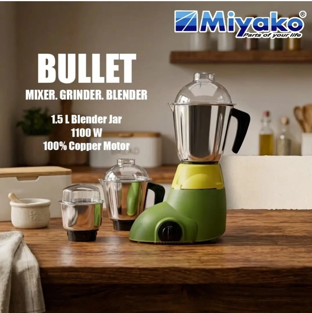 Miyako Bullet Mixer Grinder 1100W – Heavy Duty 100% Copper Motor | Stainless Steel Blades | Multi Jar Blender