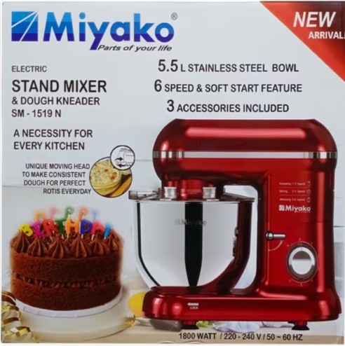 Miyako 1800 Watts Powerful Motor With Stainless Steel Bowl And 3 Attachments Stans Mixer,SM-1519N