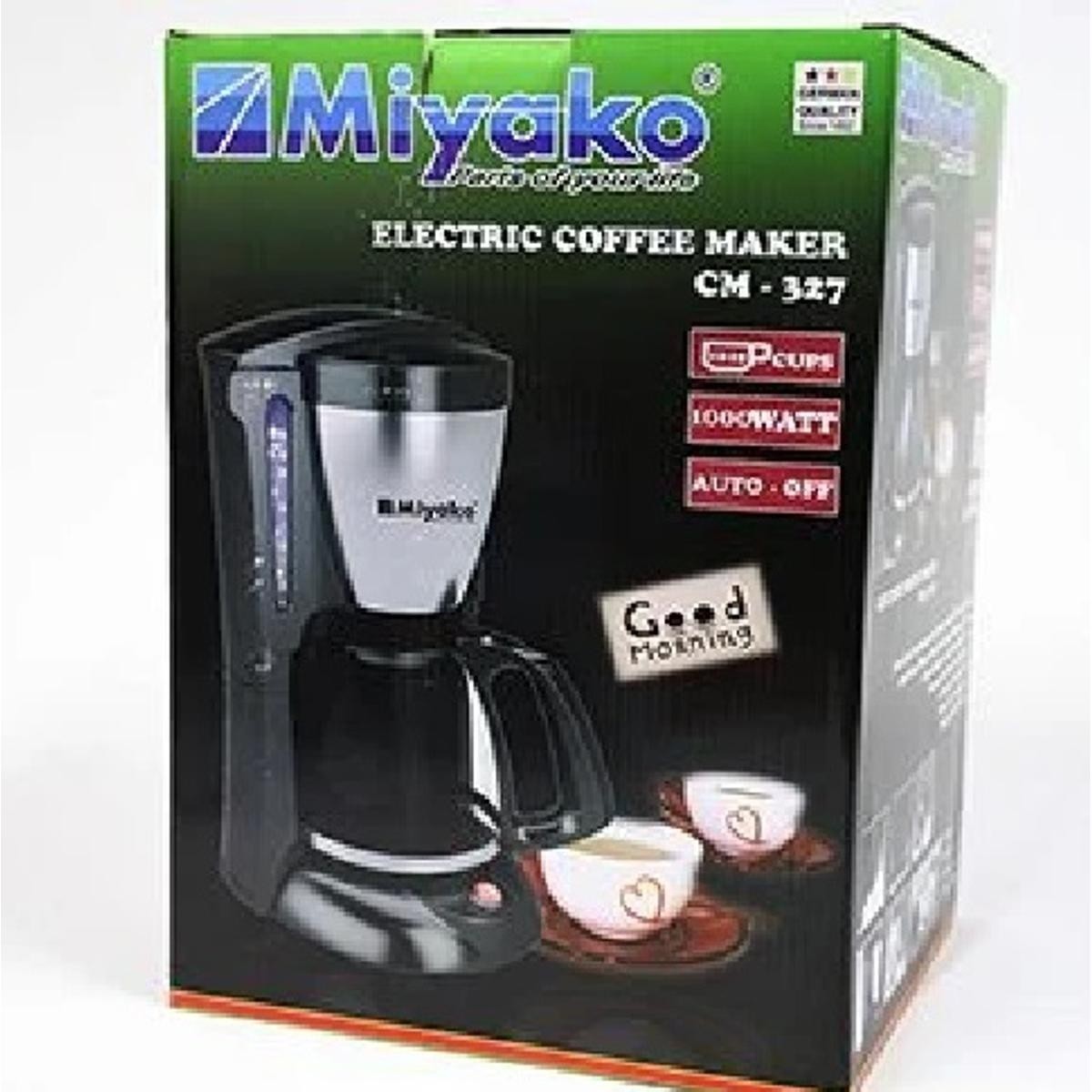 Miyako CM-327 Electric Coffee Maker. 1000W power, 12-15 cup capacity, Auto-Off safety, Keep Warm feature, and non-drip permanent filter for hassle-free coffee making