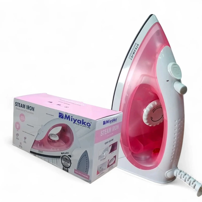 Miyako MEI-048B Steam Iron in Bangladesh. 1500W powerful steam iron with non-stick soleplate, adjustable thermostat, steam regulator, indicator light and 360° swivel cord for smooth and easy ironing