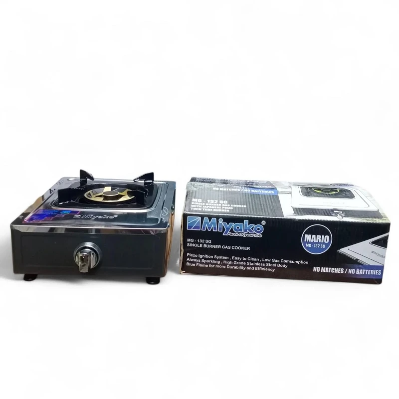 Miyako Mario MG-132 SG Single Burner Gas Cooker with high grade stainless steel body, Japanese piezo ignition system, twin tube burner, blue flame technology, and low gas consumption. Durable, efficie