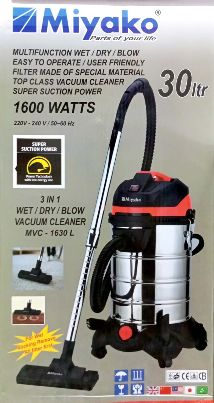 Miyako 1600 Watts Motor Power 3in1 Combo Stainless Steel Body Vacuum Cleaner MVC-1630L (Wet/Dry/Blow)