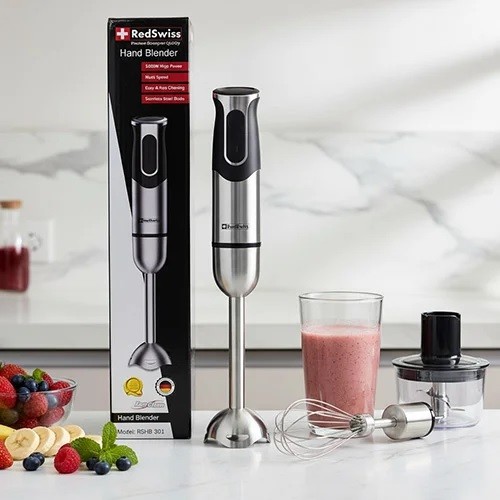 RedSwiss RSHB-301 1000W Hand Blender with powerful motor, 2-speed control, and durable stainless steel blade. Perfect for fast blending, cutting, and easy cleaning. Ideal kitchen appliance for everyda