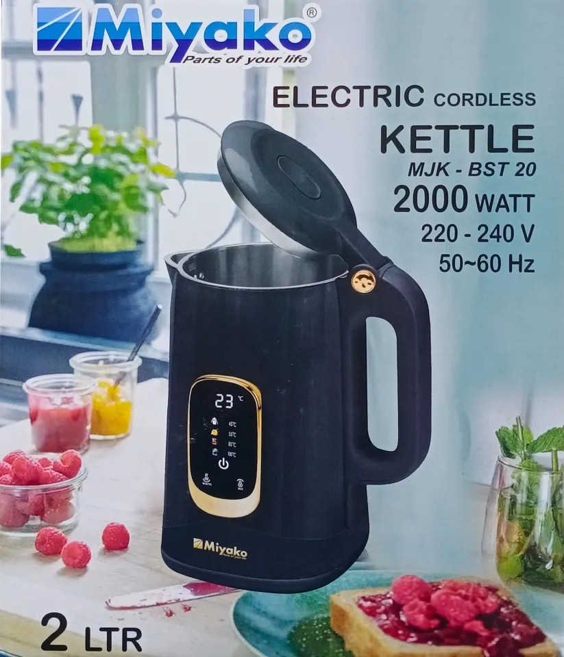 Miyako MJK-BST 20 Electric Kettle – 2L, 2000W cordless design with digital touch, auto shut-off, cool-touch body, BPA-free build & fast boiling. Best price in BD